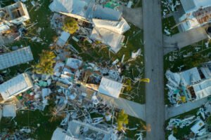 Aerial image of a neighborhood wrecked by hurricane Irma, illustrating significant destruction and the process of storm damage restoration.