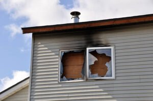 A broken window in a house, highlighting the need for fire damage restoration 
 services.