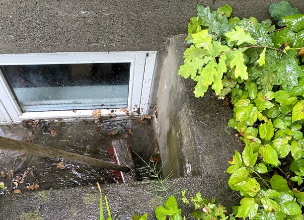 An open window in a concrete wall, indicating a site for water removal or flood cleanup efforts.