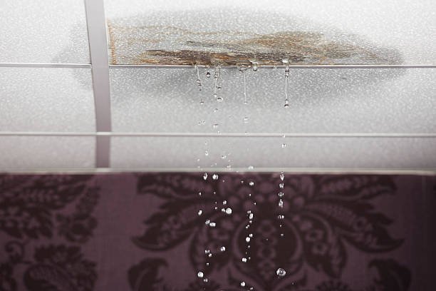 Water drips from a ceiling, highlighting the need for measures to prevent water damage.