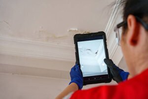 A woman in a red shirt holds a tablet, focused on water damage repair tasks.