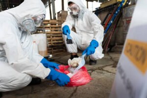 Two people wearing protective suits and gloves, working on mold remediation.