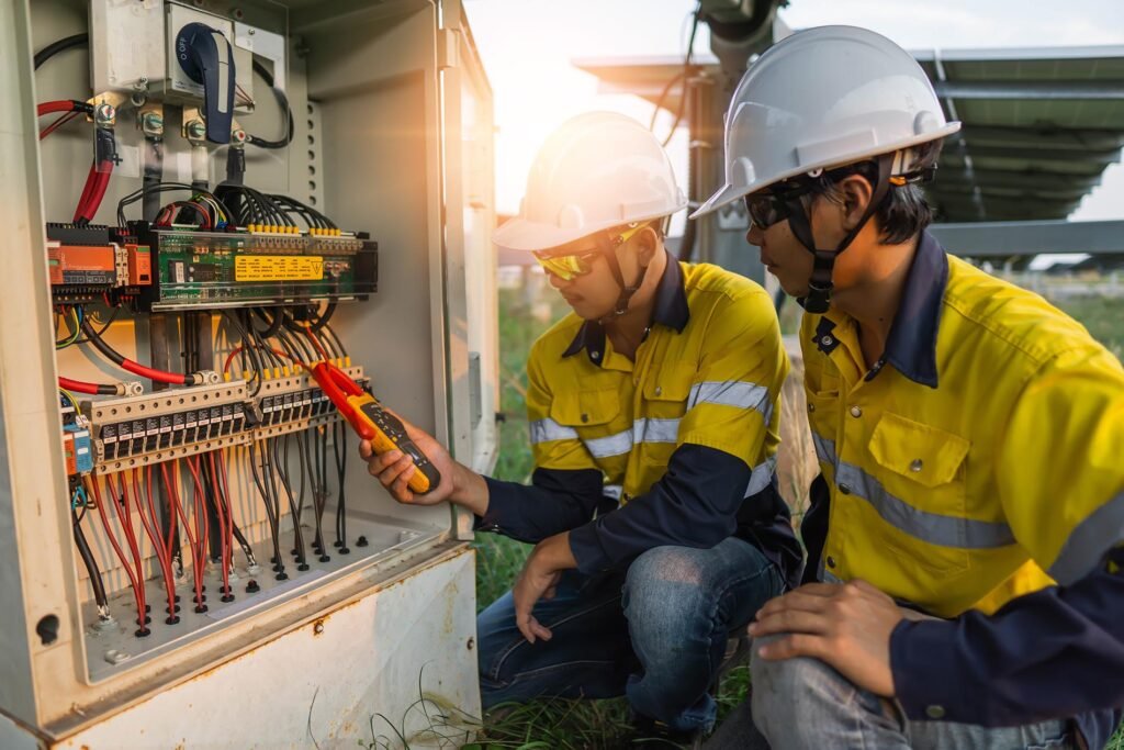 Two technicians in yellow safety jackets and helmets work on an electrical panel outdoors, using tools. The setting sun casts a warm glow.