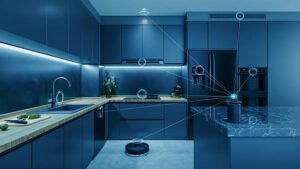 A modern kitchen featuring blue lighting and a robot, showcasing a unique blend of technology and design.