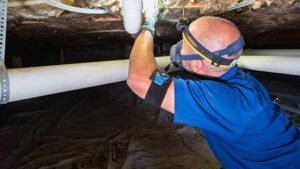 A man wearing a blue shirt works on plumbing in a basement affected by flooding.
