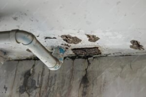 A pipe and its cover mounted on a wall, indicating a plumbing leak issue.