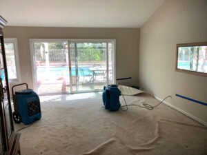 A room featuring a pool and a vacuum cleaner, highlighting carpet water damage restoration efforts.
