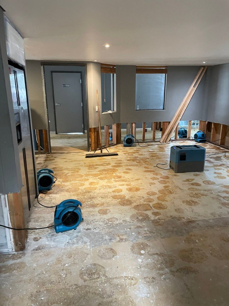 a room is damaged by flood water and in need of water damage restoration services