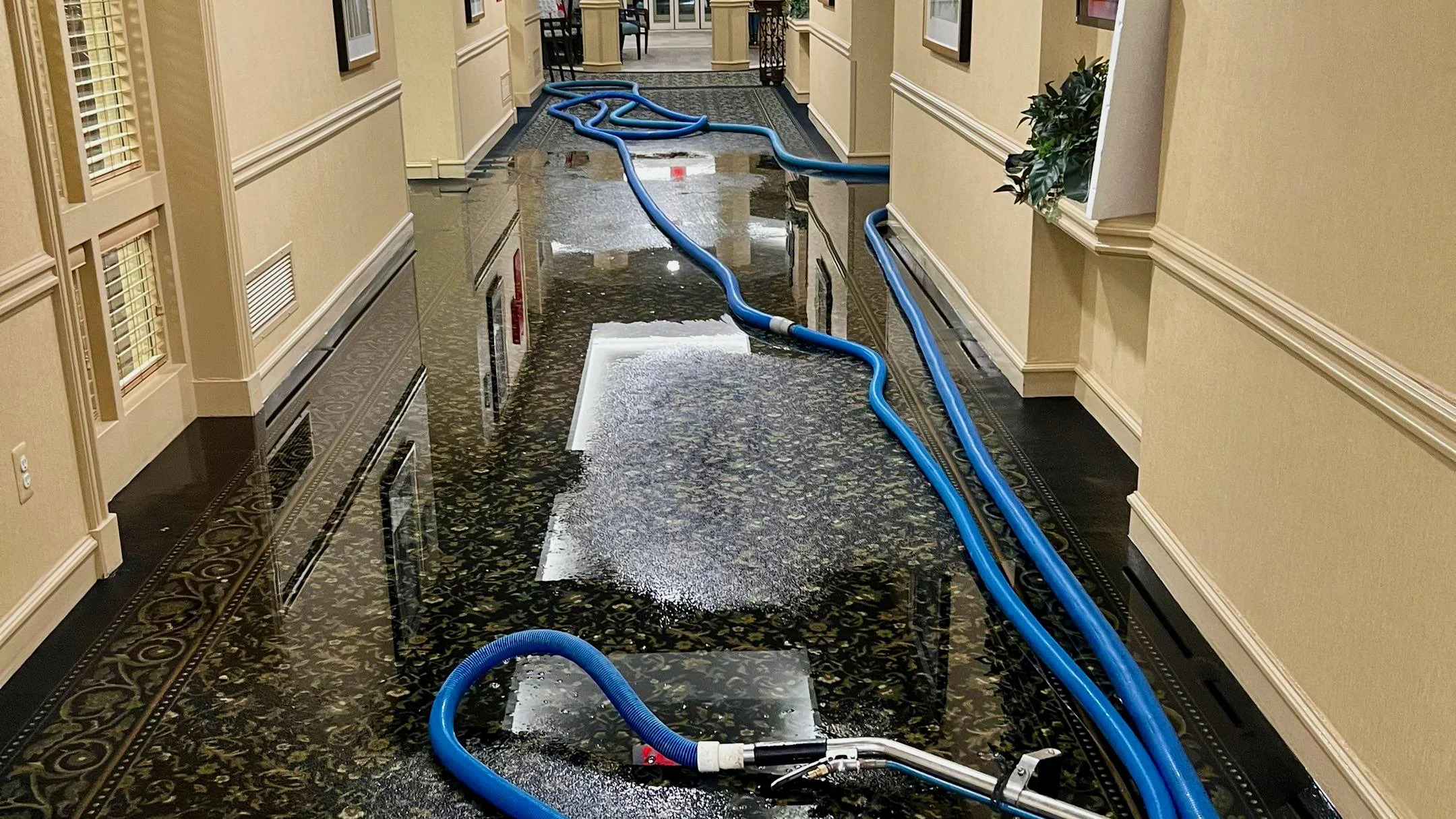 Emergency water damage restoration equipment in action