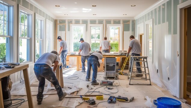 Homeowner discussing questions to ask remodeling contractors with builder on site