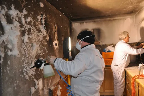 Technician providing Fire Damage Restoration Service inspecting fire damaged ceiling structure