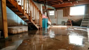 Flooded hallway undergoing water damage restoration with industrial drying and extraction hoses.